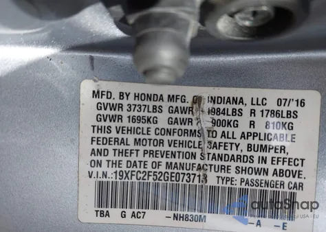 2016 Honda Civic Lx из США, поврежденный, VIN 19XFC2F52GE073713